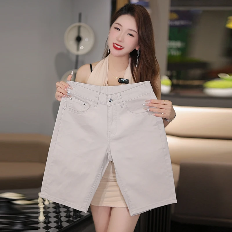 杏玉色牛仔短裤男士夏季纯色潮流修身弹力男装轻奢欧货五分裤子男