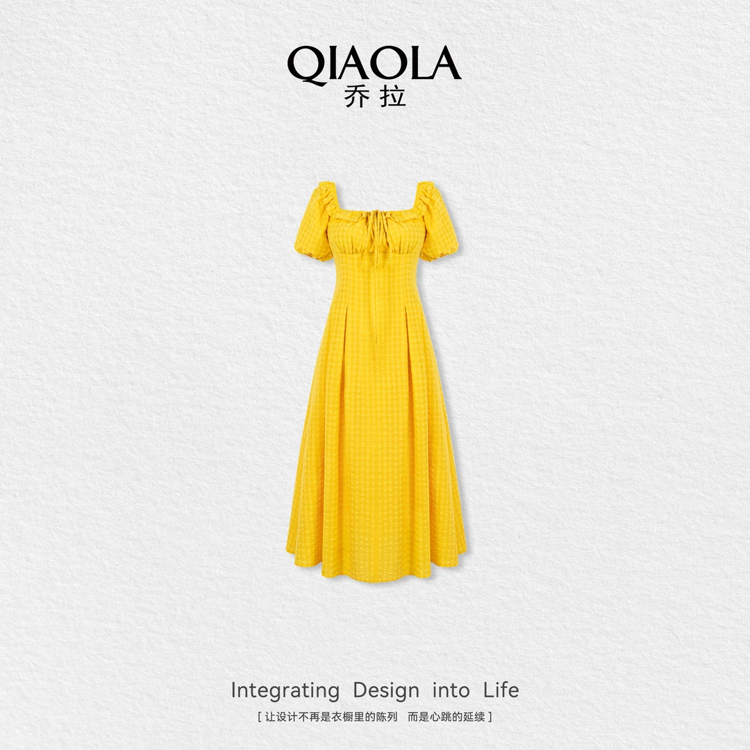 QIAOLA/乔拉【布丁小曲】夏梭织方领设计收腰显瘦百搭连衣裙预售