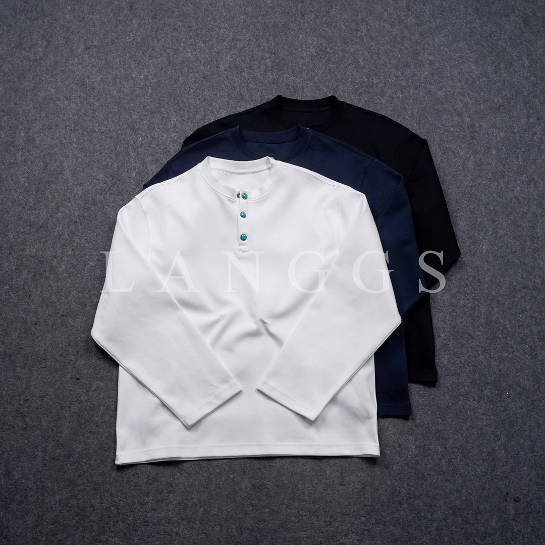 LANGGS&浪叔 下 25秋季纯色简约绿松石扣亨利领打底-25T7006