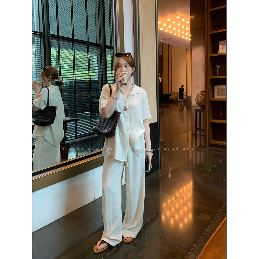 现货大婉酱微胖定制【亚麻套装】轻奢气质衬衫高腰长裤套装女 9123D