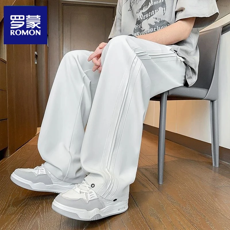 罗蒙美式垂感冰丝休闲西裤男夏季宽松拖地百搭皱褶条纹速干长裤子