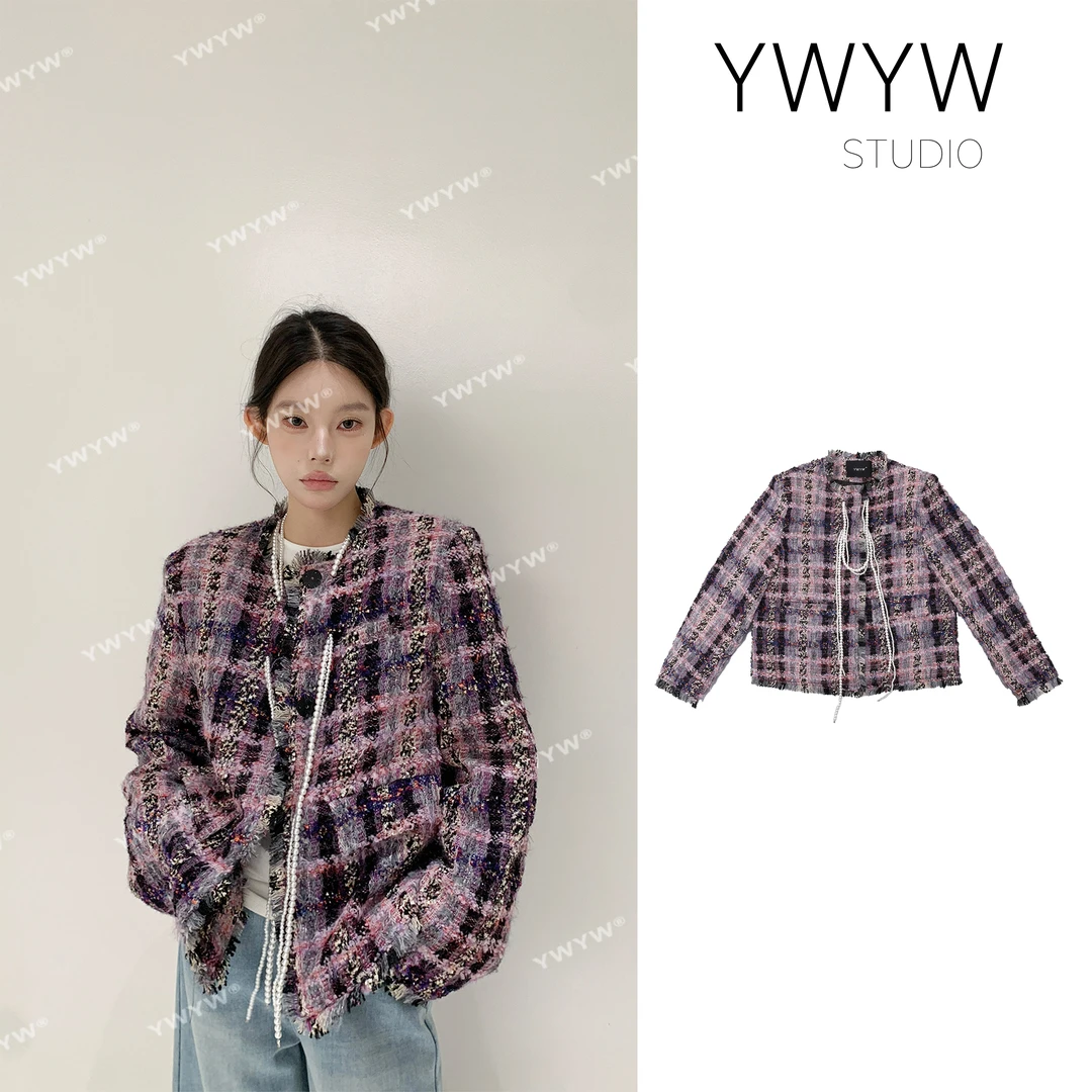 【YWYW24F/W】千鸟格粗花呢穿孔珍珠配饰夹棉拉毛小香风外套3629