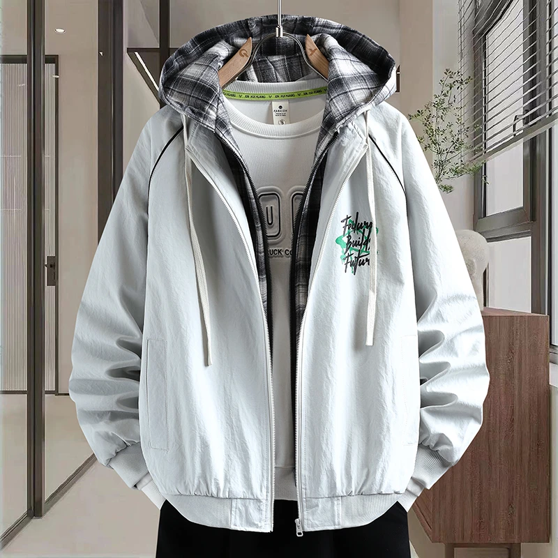 秋季新款青少年假两件连帽外套潮流设计感印花修身个性百搭款夹克