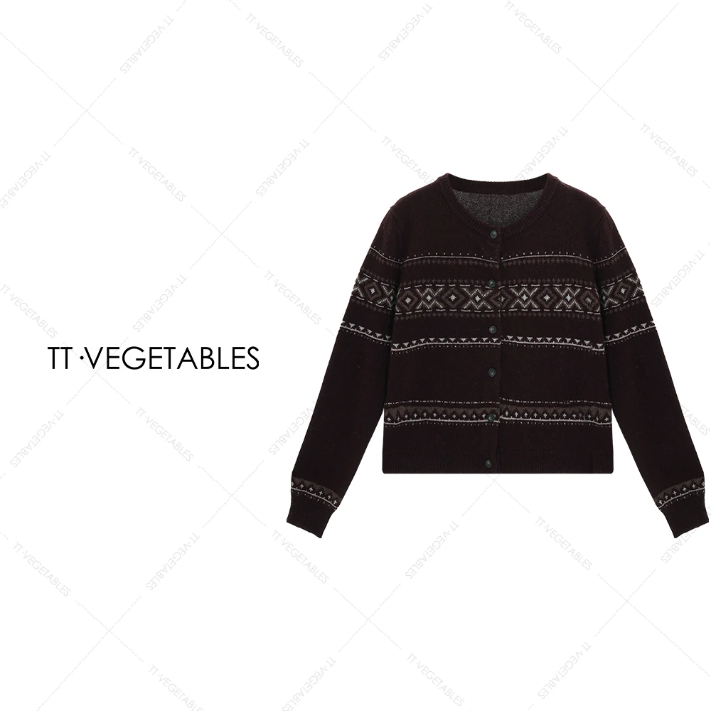 噢芬/小个子【幻萤】百分百绵羊毛韩系复古提花圆领毛衣外套522133