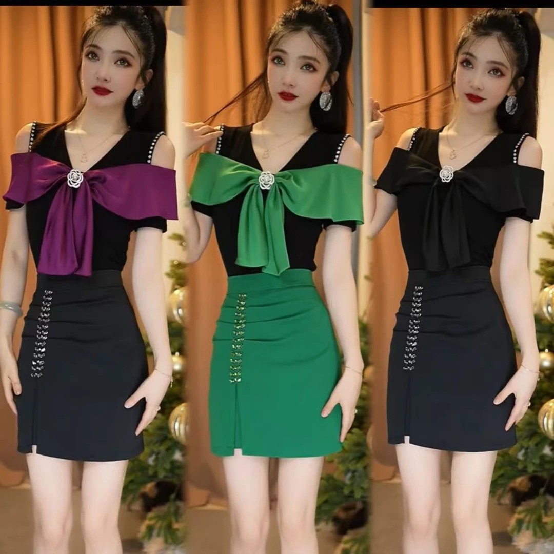 小香风大蝴蝶结露肩镶钻上衣缎面拼接减龄甜美气质