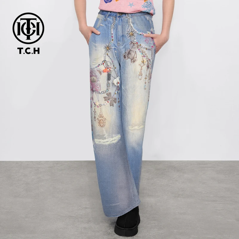 TCH私服烫钻工艺时尚休闲百搭重工牛仔裤女T75B20E5060轻奢tch