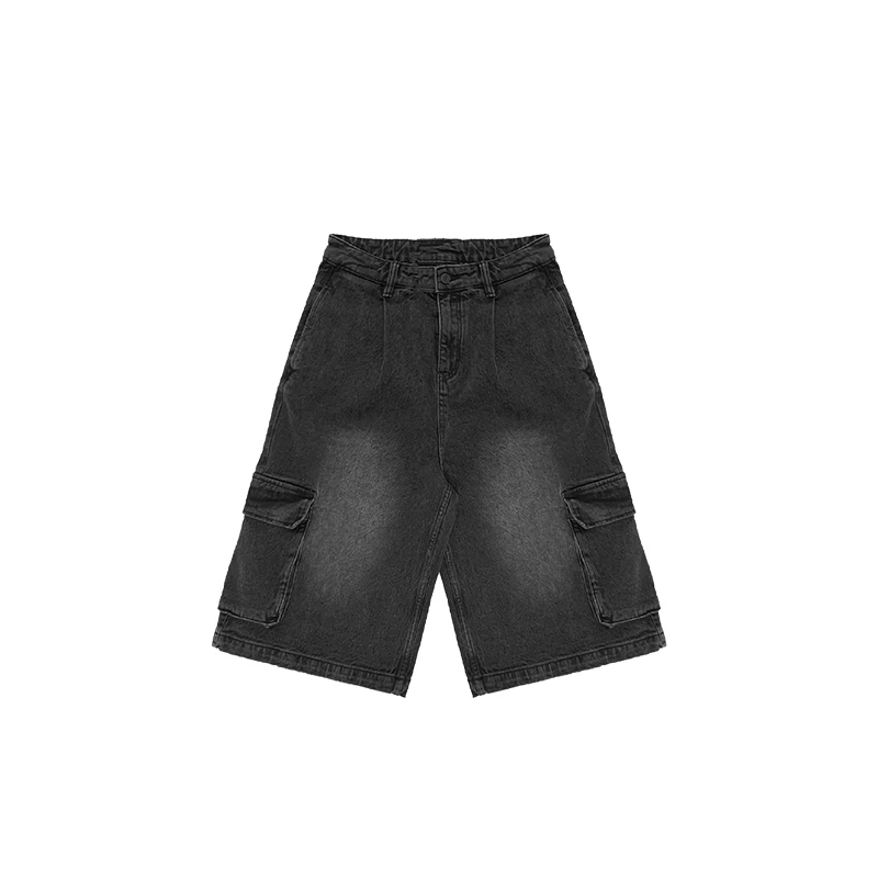 23576美式复古水洗百搭牛仔裤女大口袋阔腿工装中裤