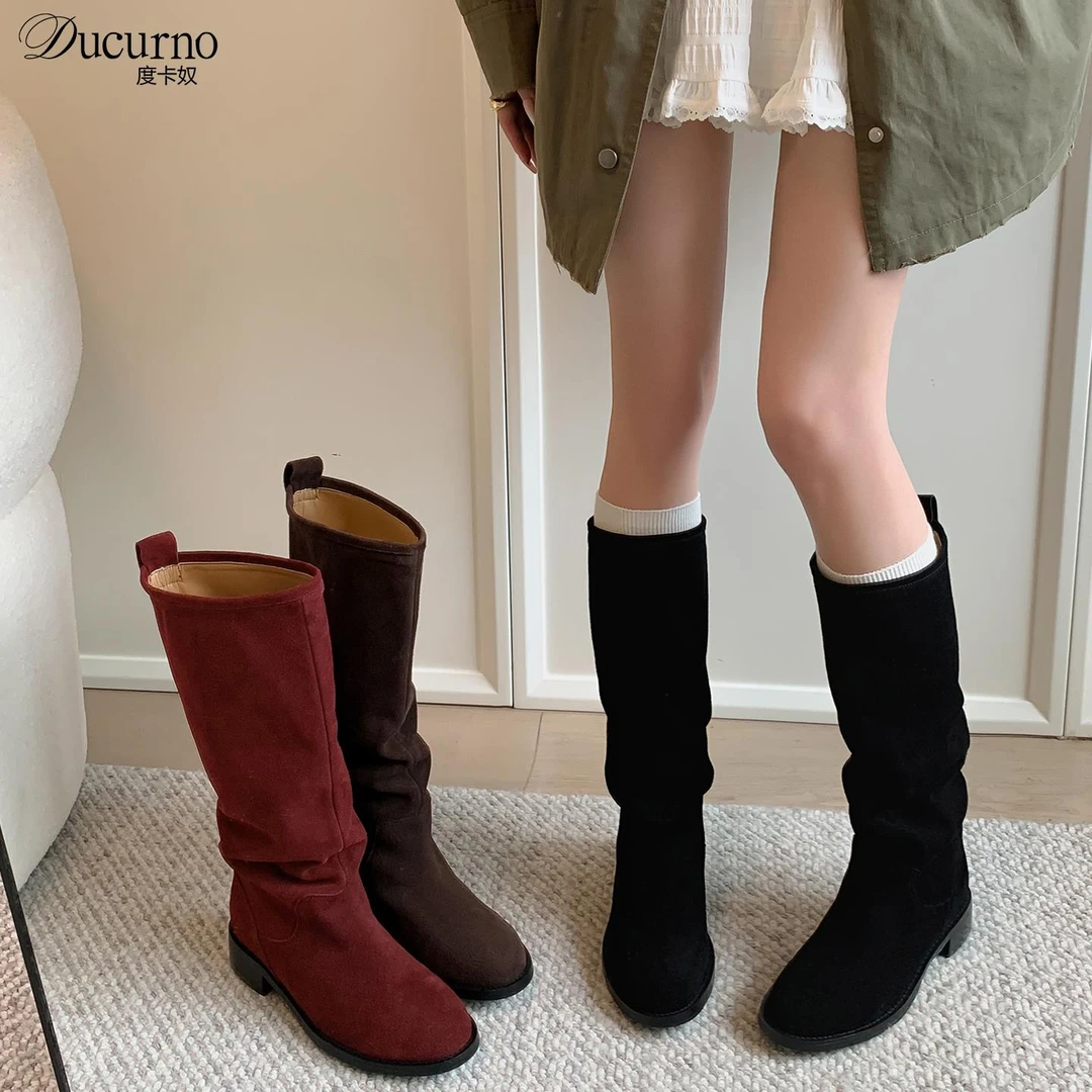 DUCURNO磨砂牛翻皮堆堆靴女长靴显瘦西部牛仔靴不过膝高筒骑士靴