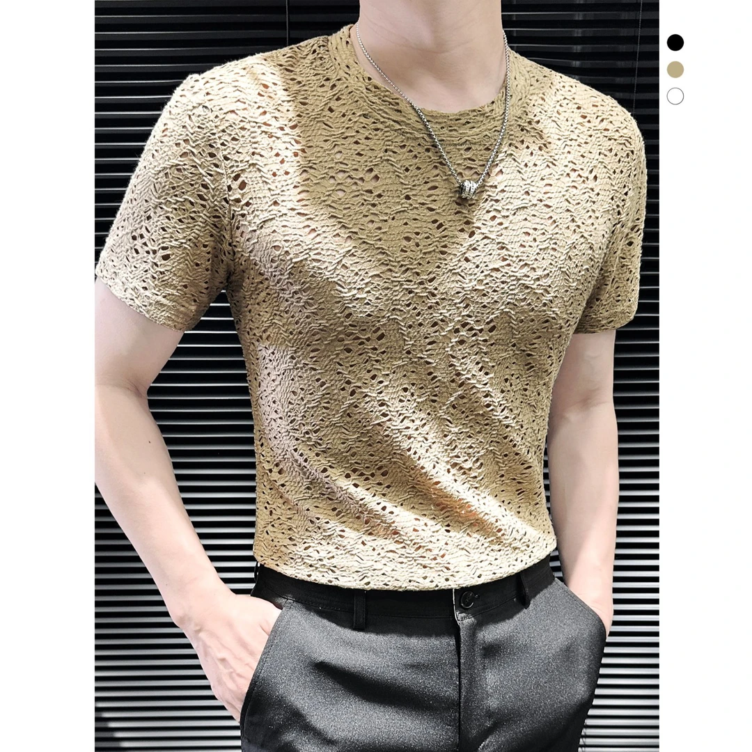 镂空清爽男士t恤短袖夏季透气轻奢痞帅男装半袖男款爆款2025新款