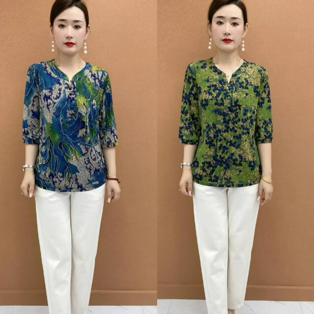 2025年新款时尚洋气妈妈装7分袖宽松显瘦遮肉上衣中老年