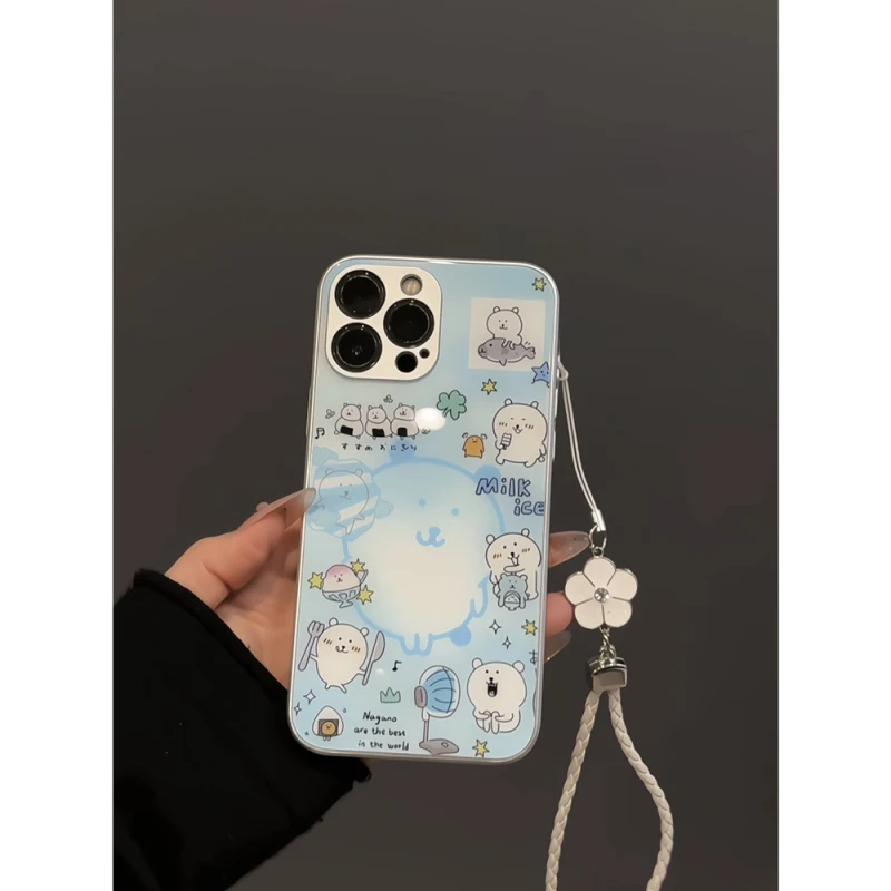 适用苹果16pro创意iPhone15手机壳金属玻璃华为p小众晕染蓝自嘲熊