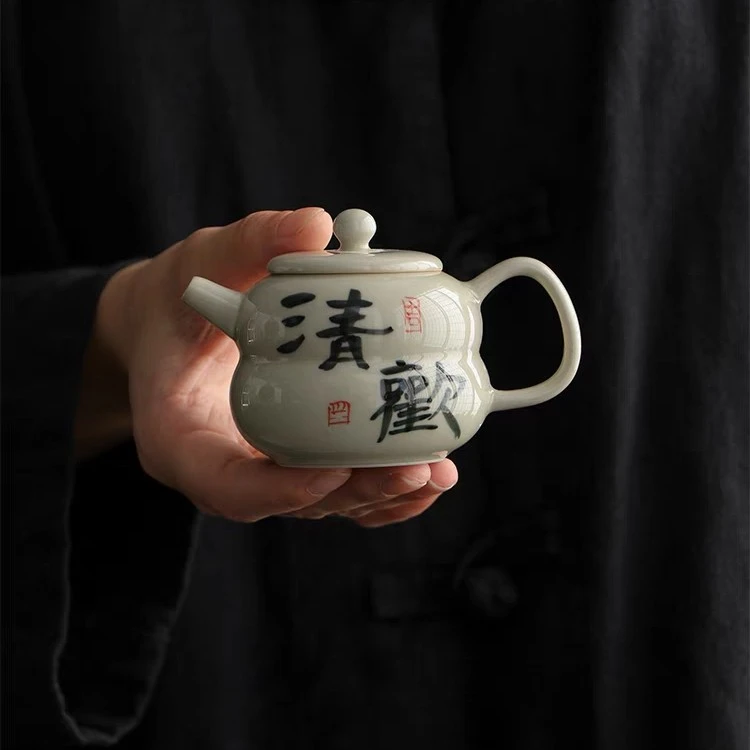 中式复古草木灰纯手工手写清欢葫芦壶陶瓷泡茶壶功夫茶壶