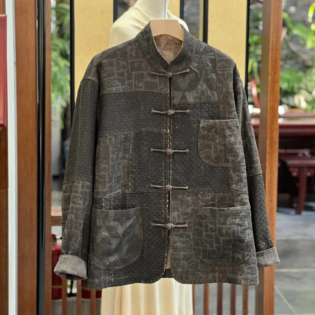 櫟丝御锦老料子噶哒绸国风中山装百家衣长袖复古男款 L24R82MH