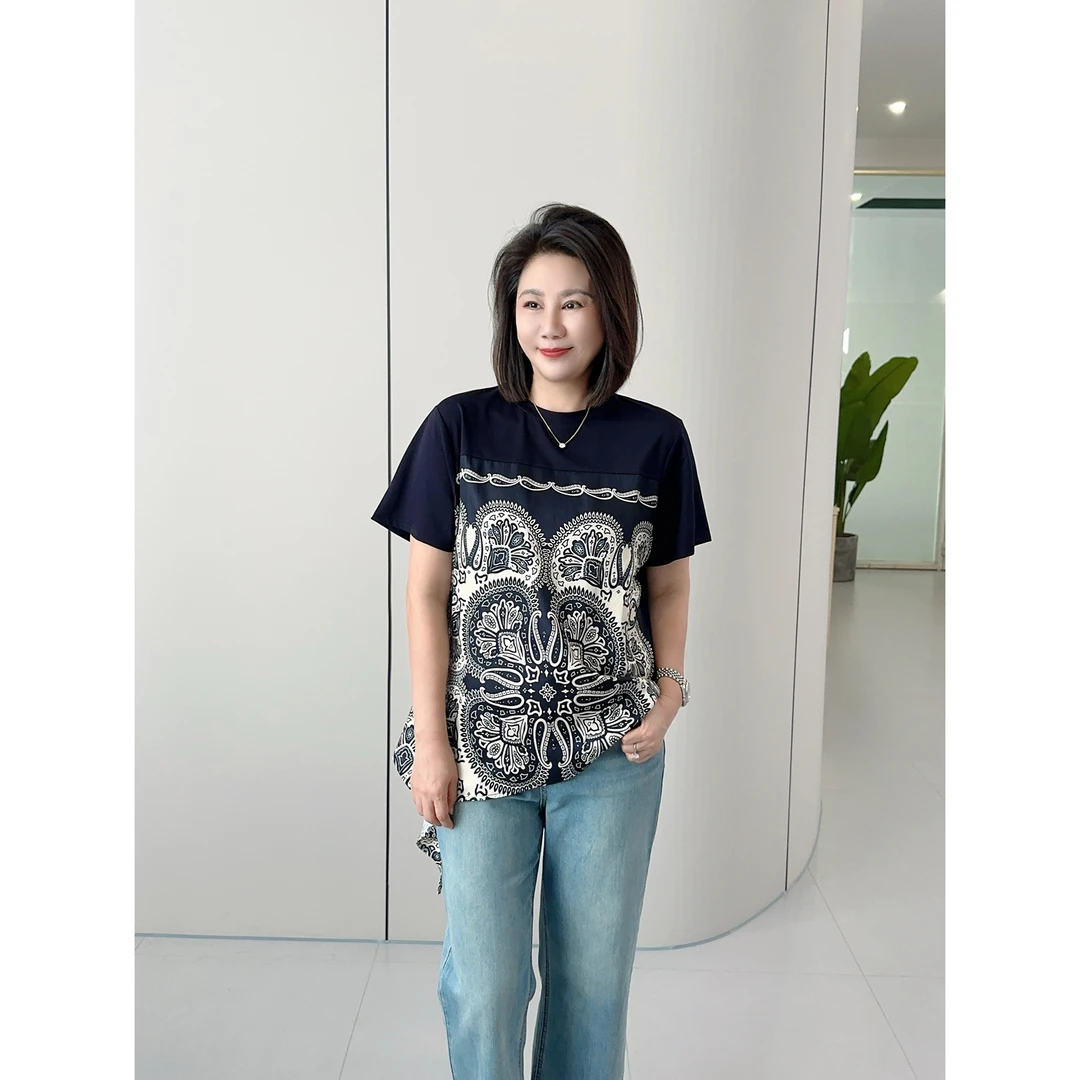 微胖女装【西西里漫花】丝巾绑带T恤夏季新款显瘦洋气短袖上衣20751