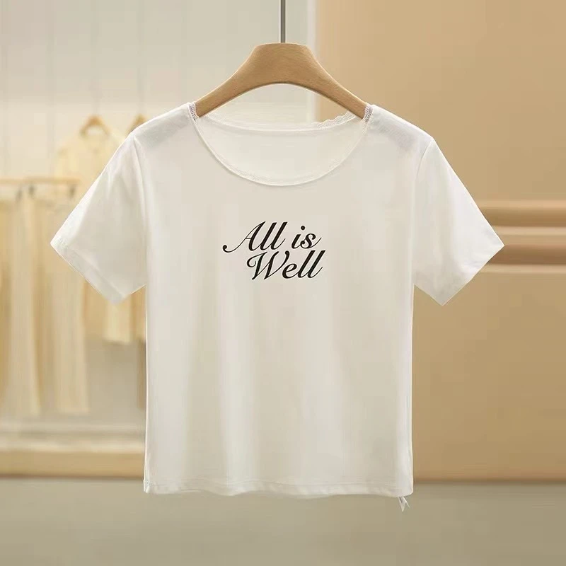 2492花边圆领短袖T+蕾丝半身裙时尚两件套套装