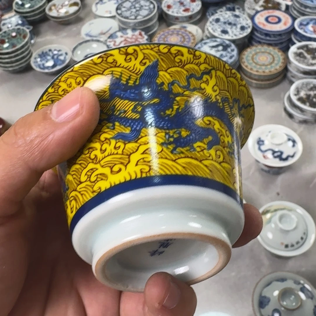 摆件黄海水龙两才盖碗