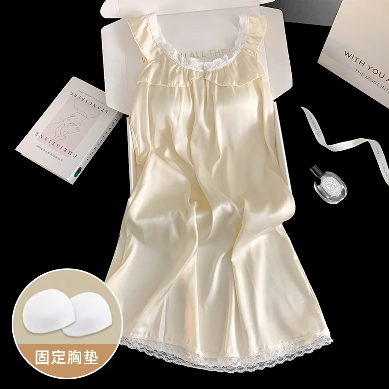 睡衣女款爆款2025新款高级感带胸垫冰丝睡衣女士夏季吊带薄款花边