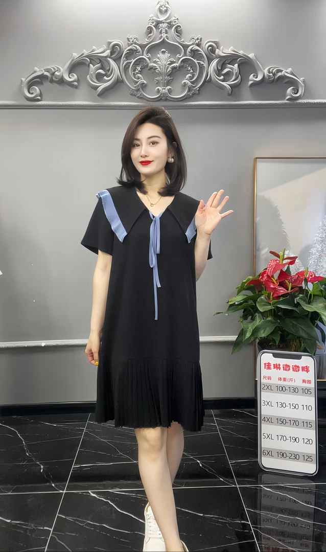宽松腰娃娃领宽松海军领泡泡袖黑色百褶裙连衣裙收腰法式系带