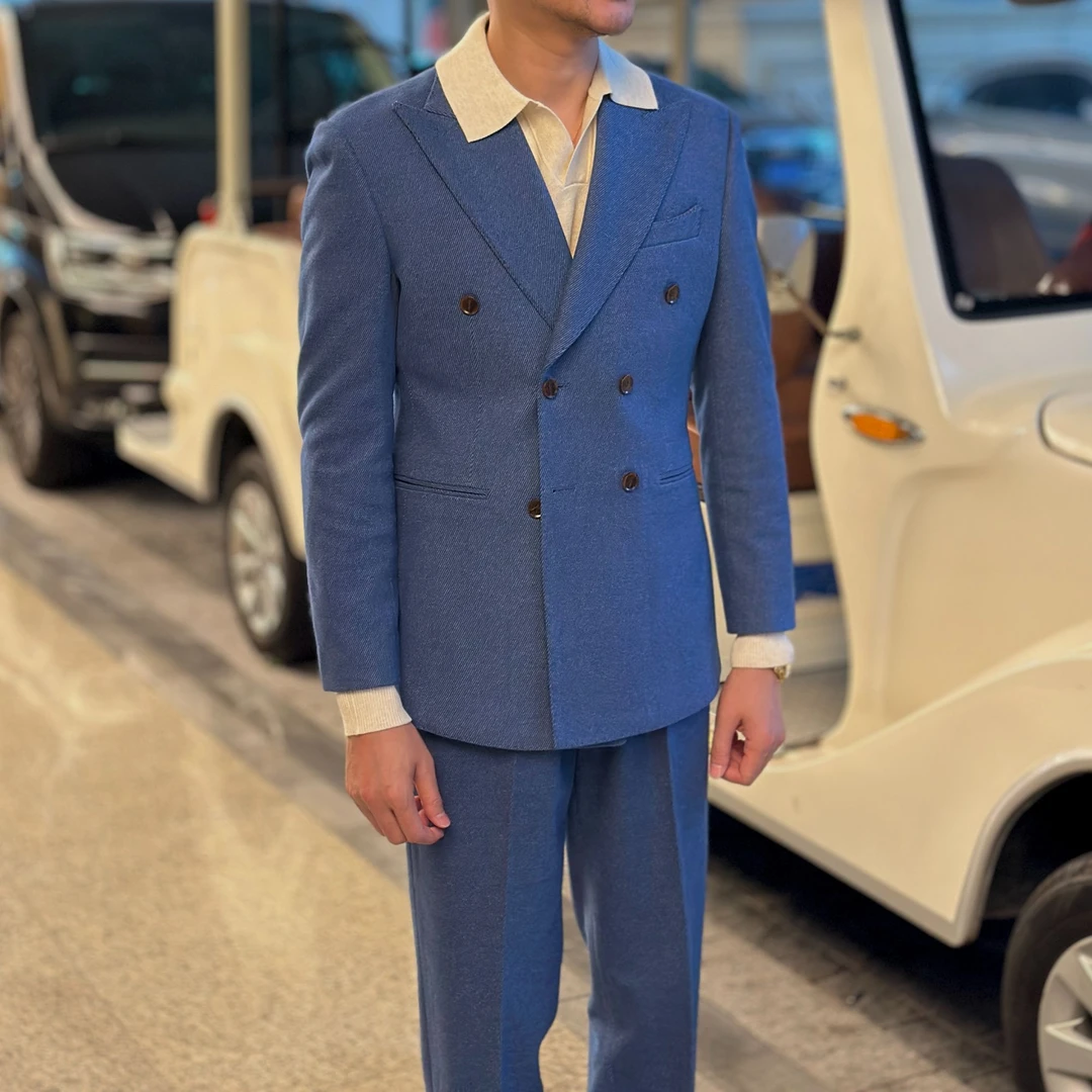 意式戗驳领西服套装简约双排扣商务休闲男士正装单西