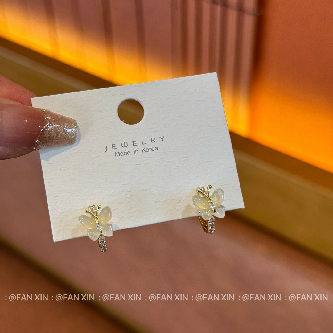 铜合金耳饰 蝴蝶猫眼石微镶时尚甜美高级感耳环气质精致百搭小巧