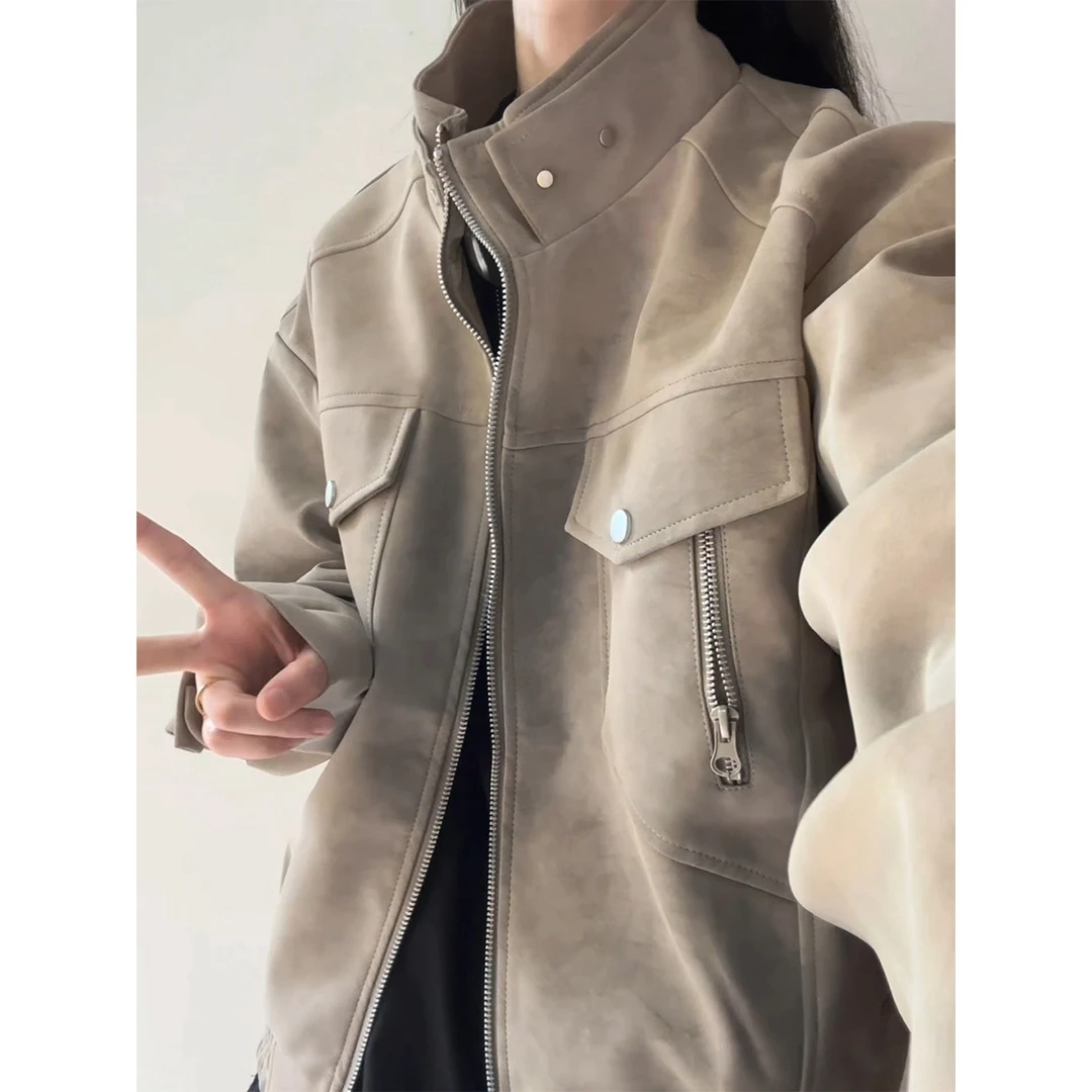 扎染皮衣夹克男生衣服高级感春秋季潮牌痞帅炸街美式复古工装外套