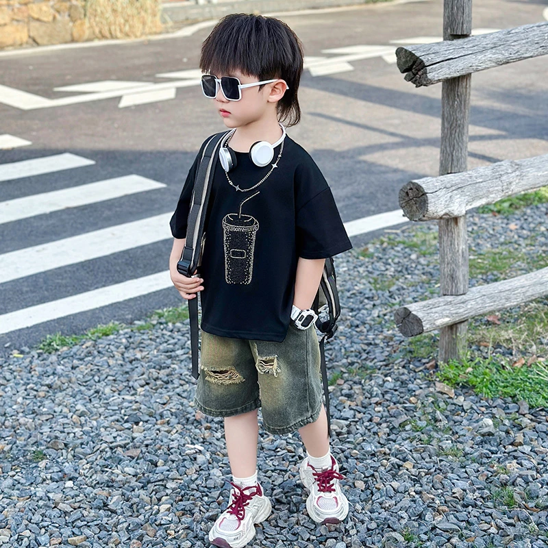 男童夏季短袖套装洋气儿童薄款衣服2025新款痞帅宝宝时髦炸街童装