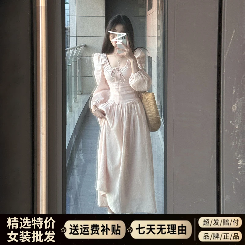 法式温柔风粉色连衣裙子女春夏季2025新款收腰显瘦高级感气质长裙