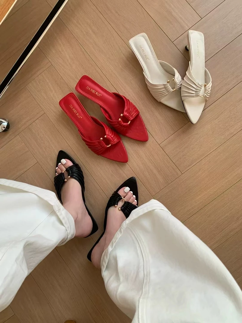 法式复古小众一字拖露趾尖头外穿凉拖鞋夏日新款设计感气质半拖鞋