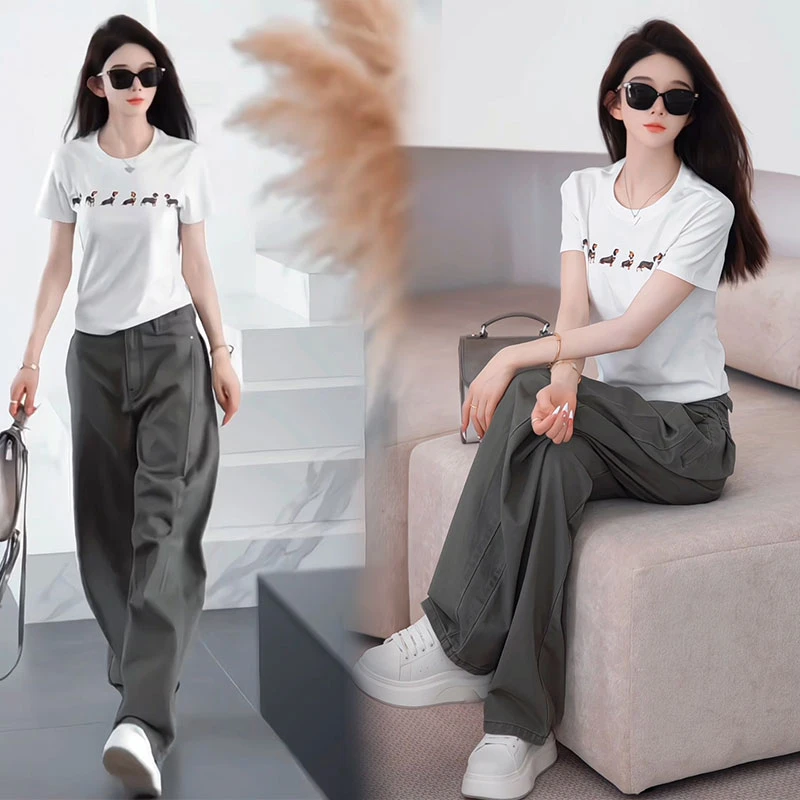 个性夏季印花圆领短袖T恤高腰窄版阔腿裤子显瘦高级感两件套装女