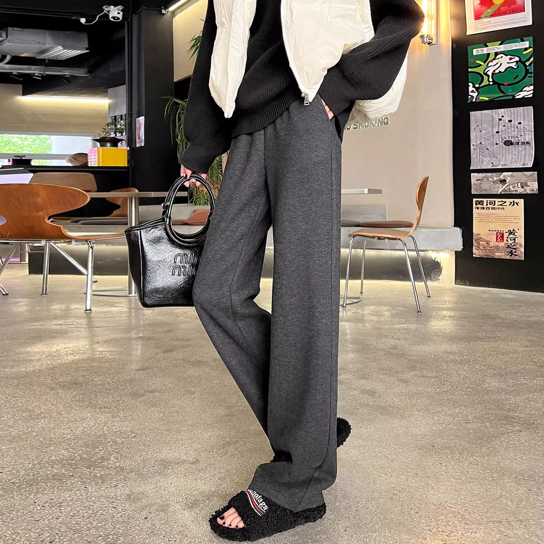 百搭毛呢窄版阔腿裤女秋冬新款加绒梨型身材胖mm人字纹直筒休闲裤