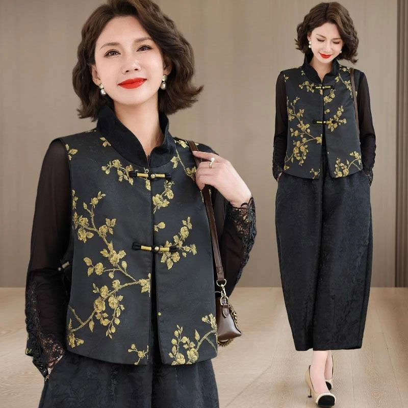 腿裤洋气盘扣马甲两件套装时尚中年妈妈套装女冬季新款花苞阔