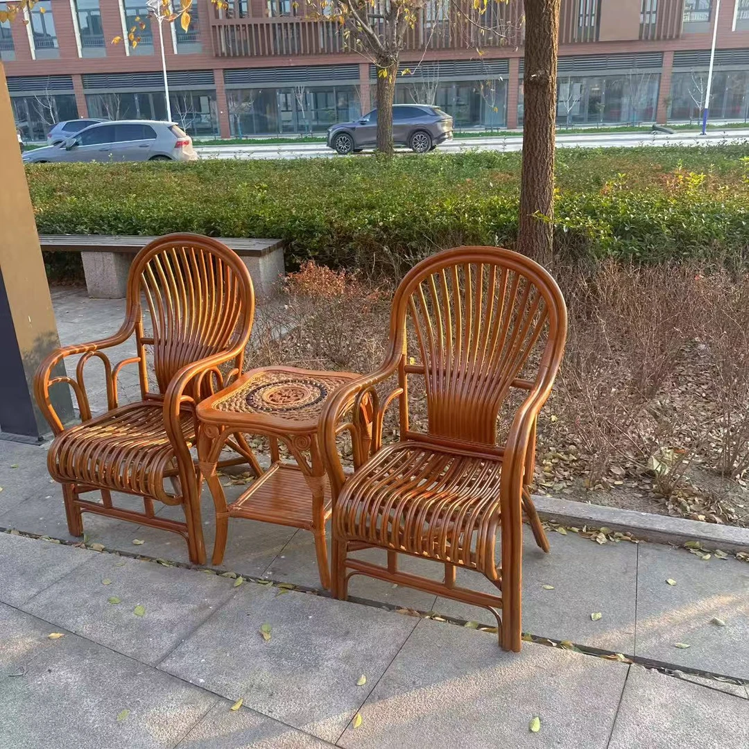 南象手工客厅家用简约桌椅单人藤编阳台桌双杆全藤高太师椅套装