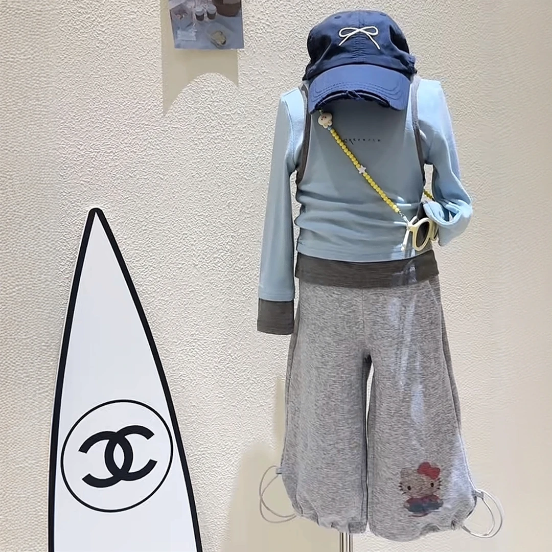 韩系女童秋季款幼儿园穿搭洋气拼接baby蓝T恤女宝可爱KT灰色卫裤