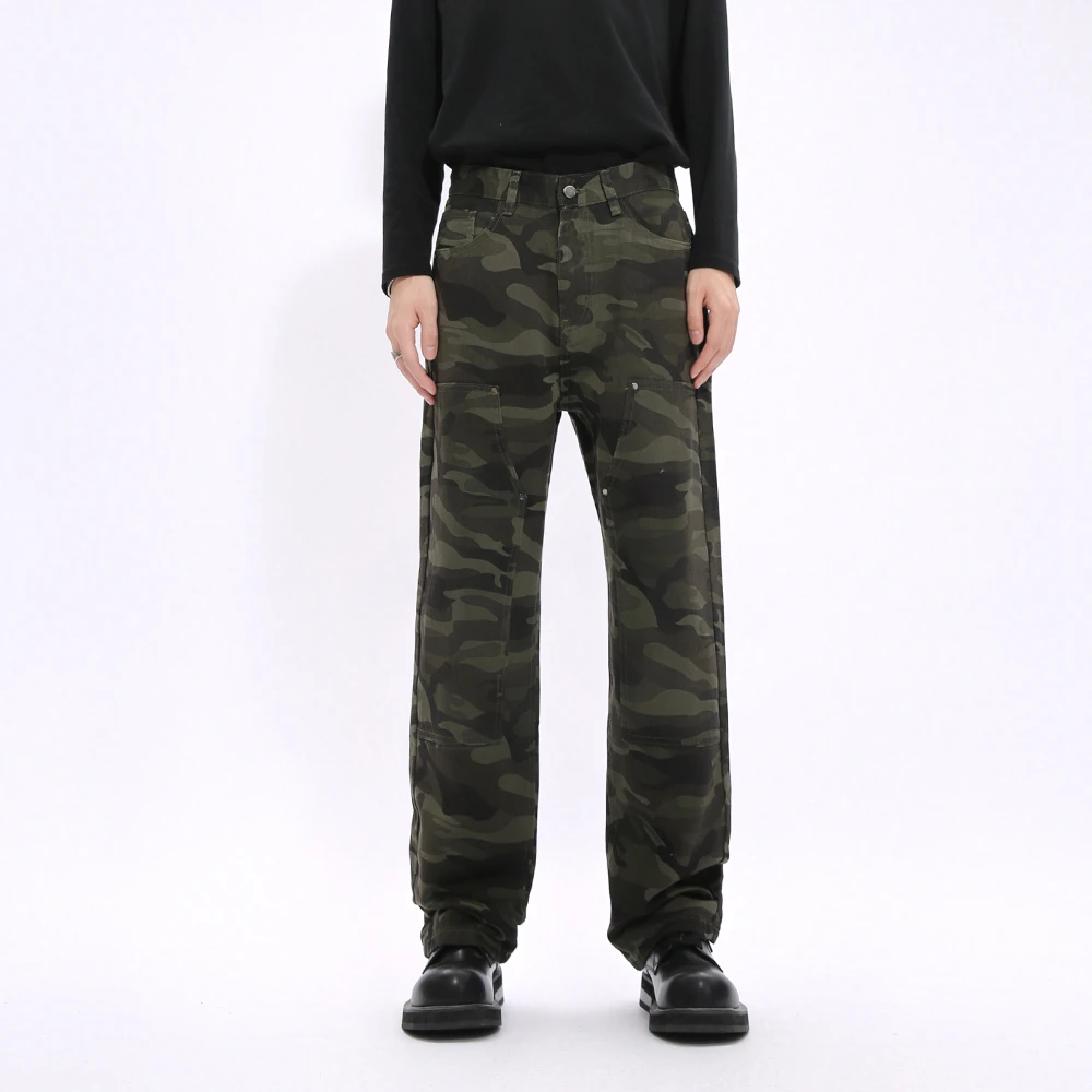 Voguo Relay 潮牌迷彩设计拼接工装牛仔裤中腰宽松长款显瘦直筒裤