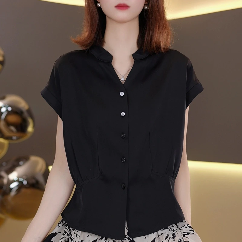 通勤褶皱短袖透气常规常规款T恤洋气短款气质收腰设计感显瘦1069