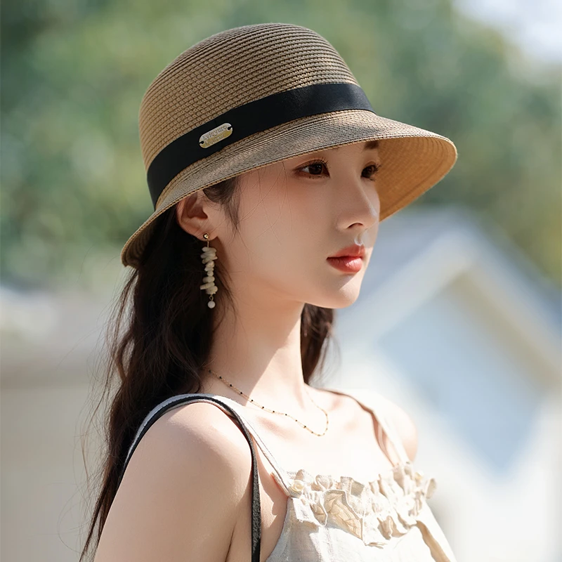 赫本风法式草帽女士2025夏季款时尚优雅小沿遮太阳防晒帽子可折叠