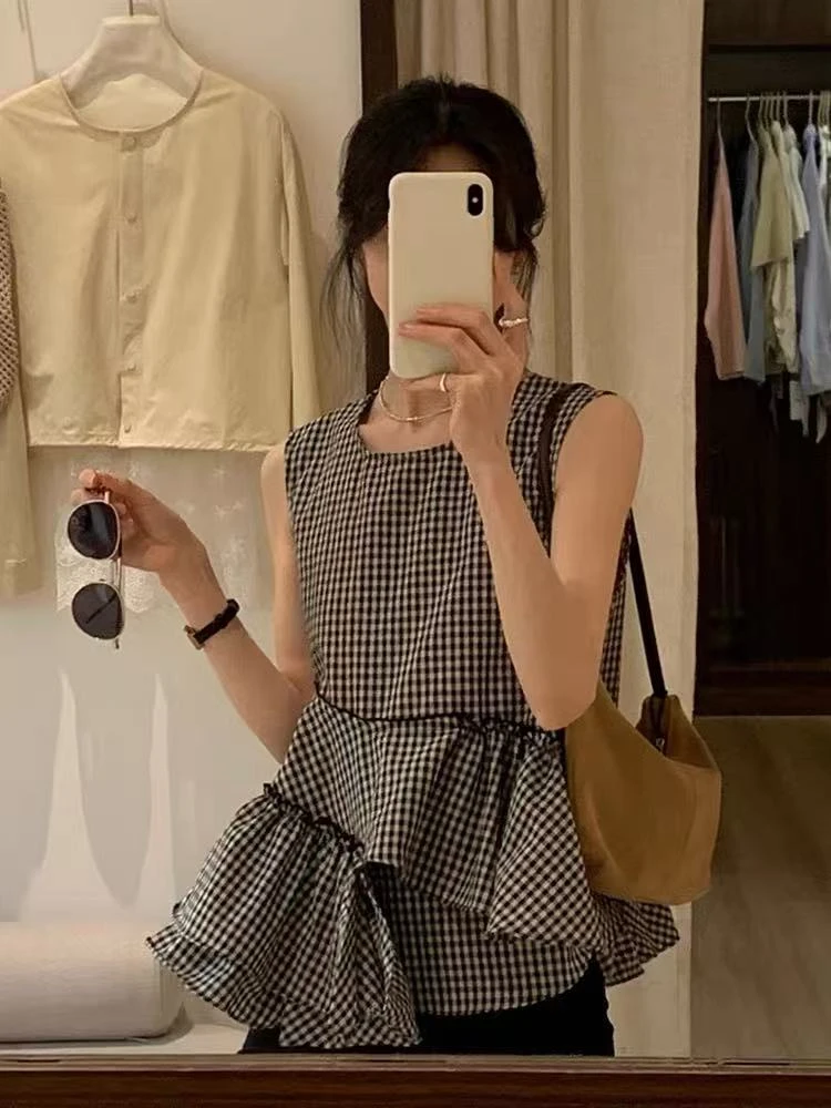 韩系黑白格不规则荷叶边无袖衬衫女2025夏季新款设计感小众上衣
