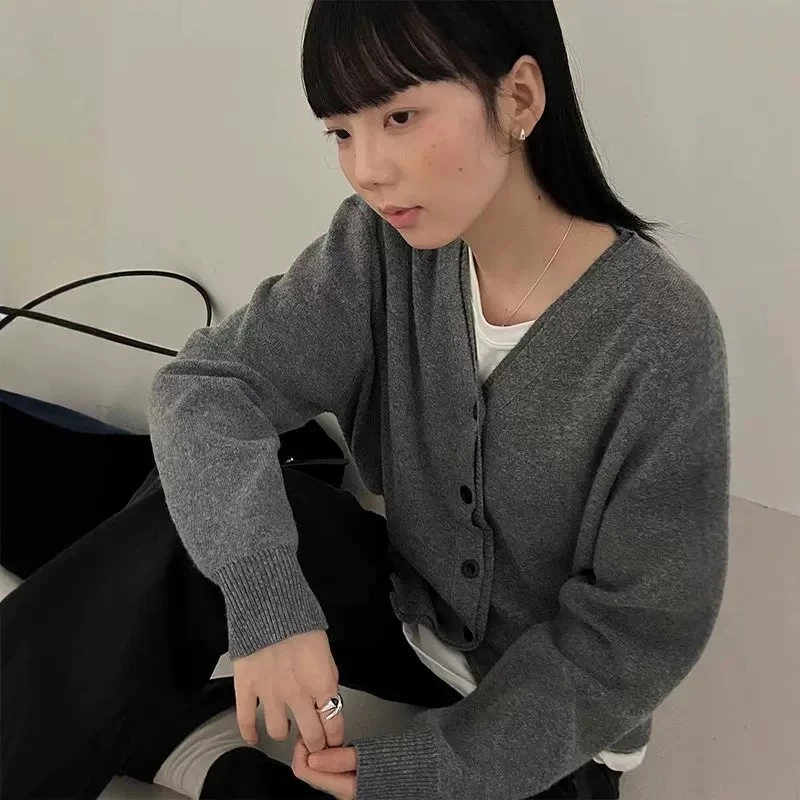 韩系秋冬V领针织衫2024新款极简慵懒百搭