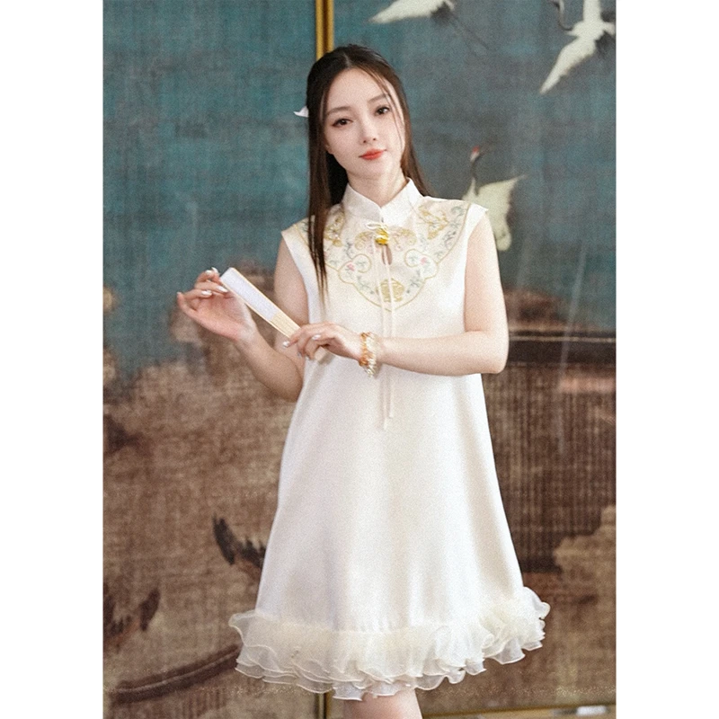 Lulusmiracle【栀花清梦】夏季新款蕾丝气质中式显瘦无袖连衣裙