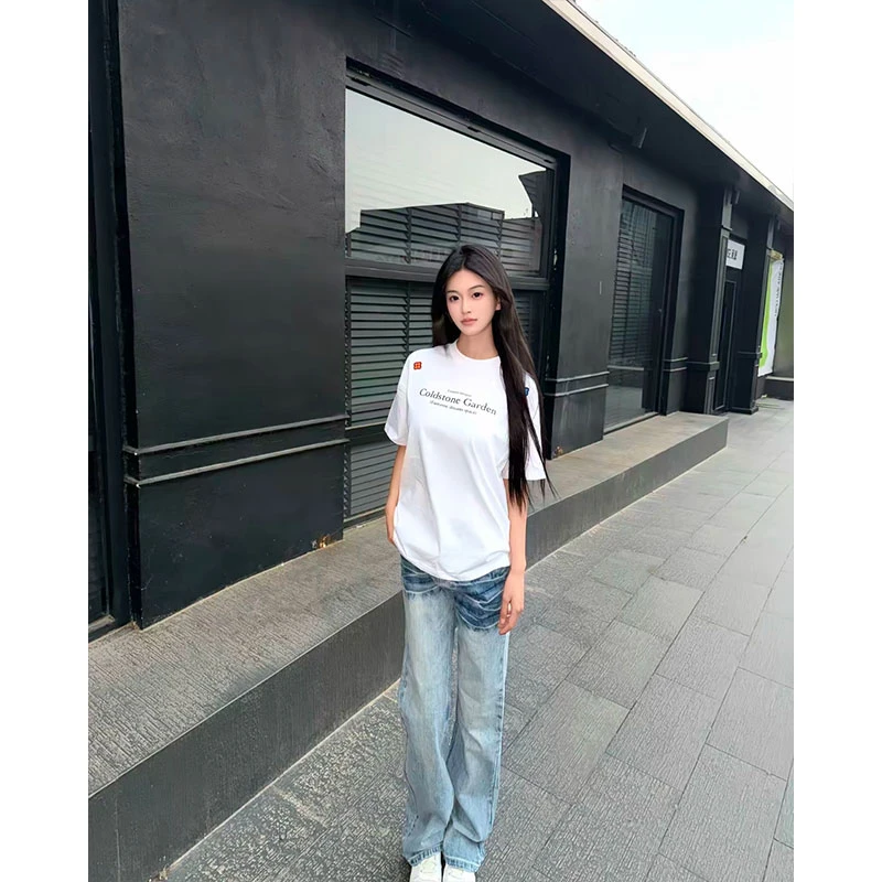 pansk冰蓝闪电纹水洗牛仔裤男款美式高街vibe裤子cleanfit微喇裤