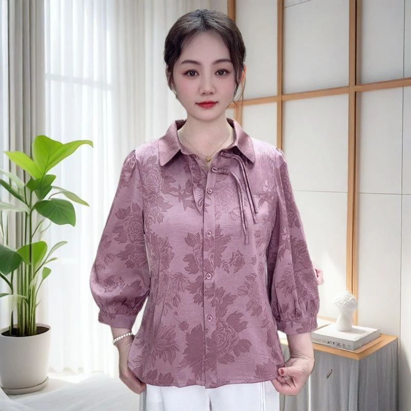 气质妈妈夏季新款国风开衫中老年女装减龄衬衫薄款七分袖t恤上衣