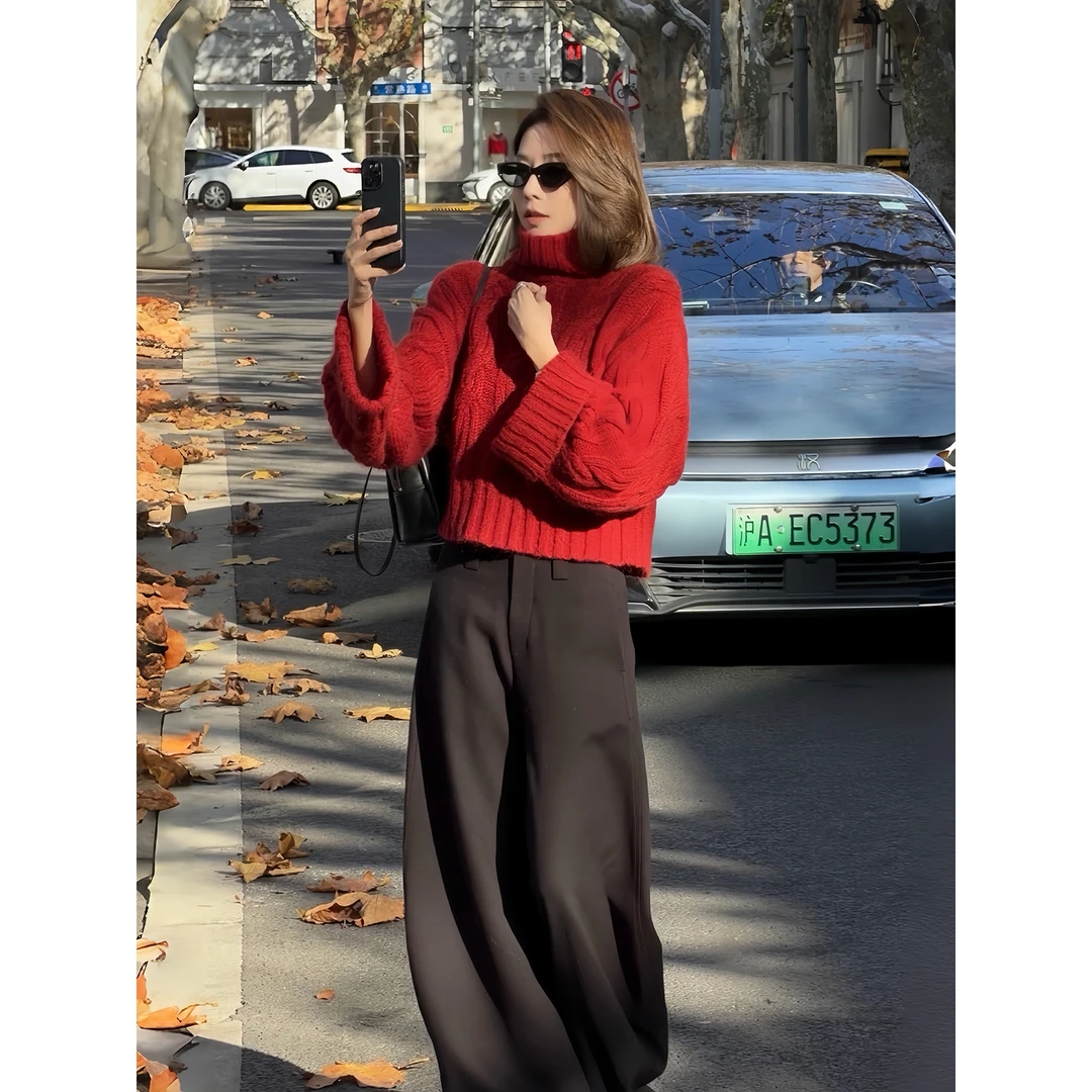 【老板周】复古慵懒 秋冬新品短款高领立体麻花廓形毛衣