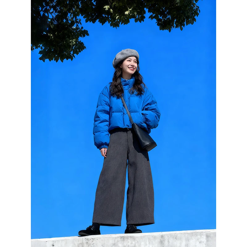 2025秋冬新款高级感气质加厚保暖克莱因蓝棉服格子长裤两件套装女