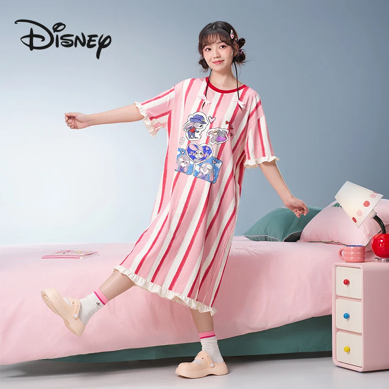 Disney/迪士尼原创疯狂动物城夏季短袖睡裙女条纹家居服【店播】