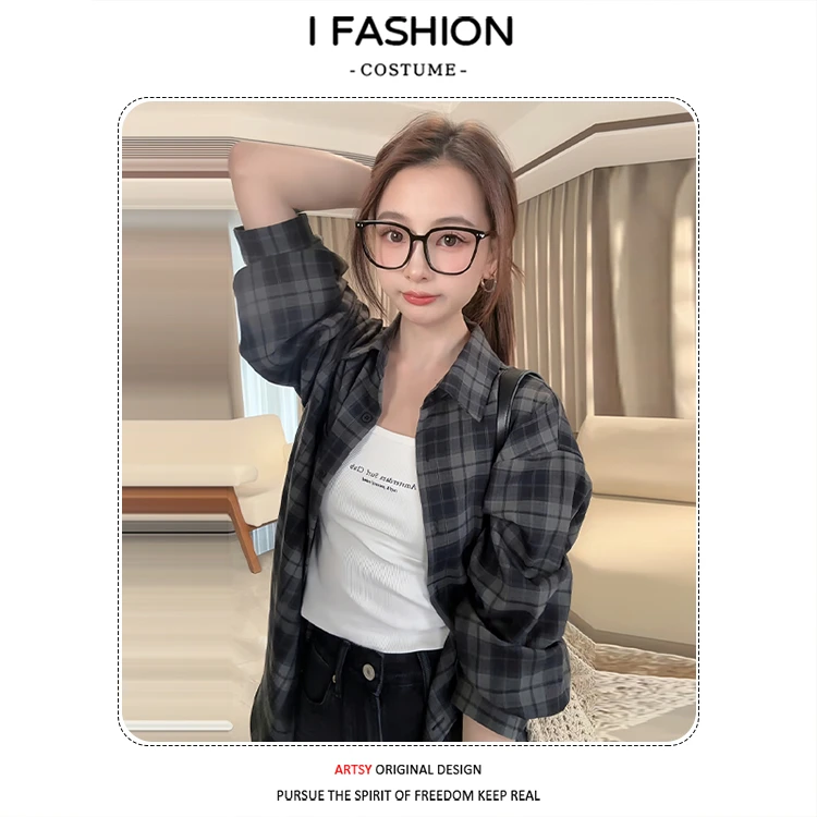 美式复古格子长袖衬衫女2025年春秋新款慵懒风宽松遮肉开衫上衣潮