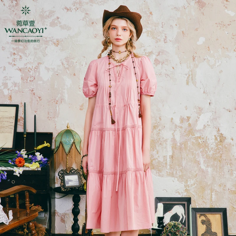 菀壹2025夏季新款显瘦时尚宽松收腰中长款复古连衣裙Q37410421