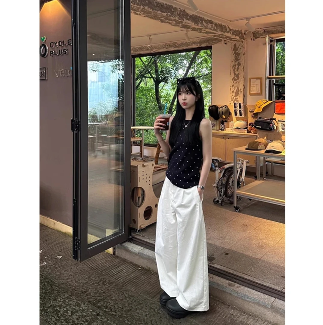 酒红色波点小圆领无袖背心女夏日修身显瘦小众印花吊带上衣ins潮