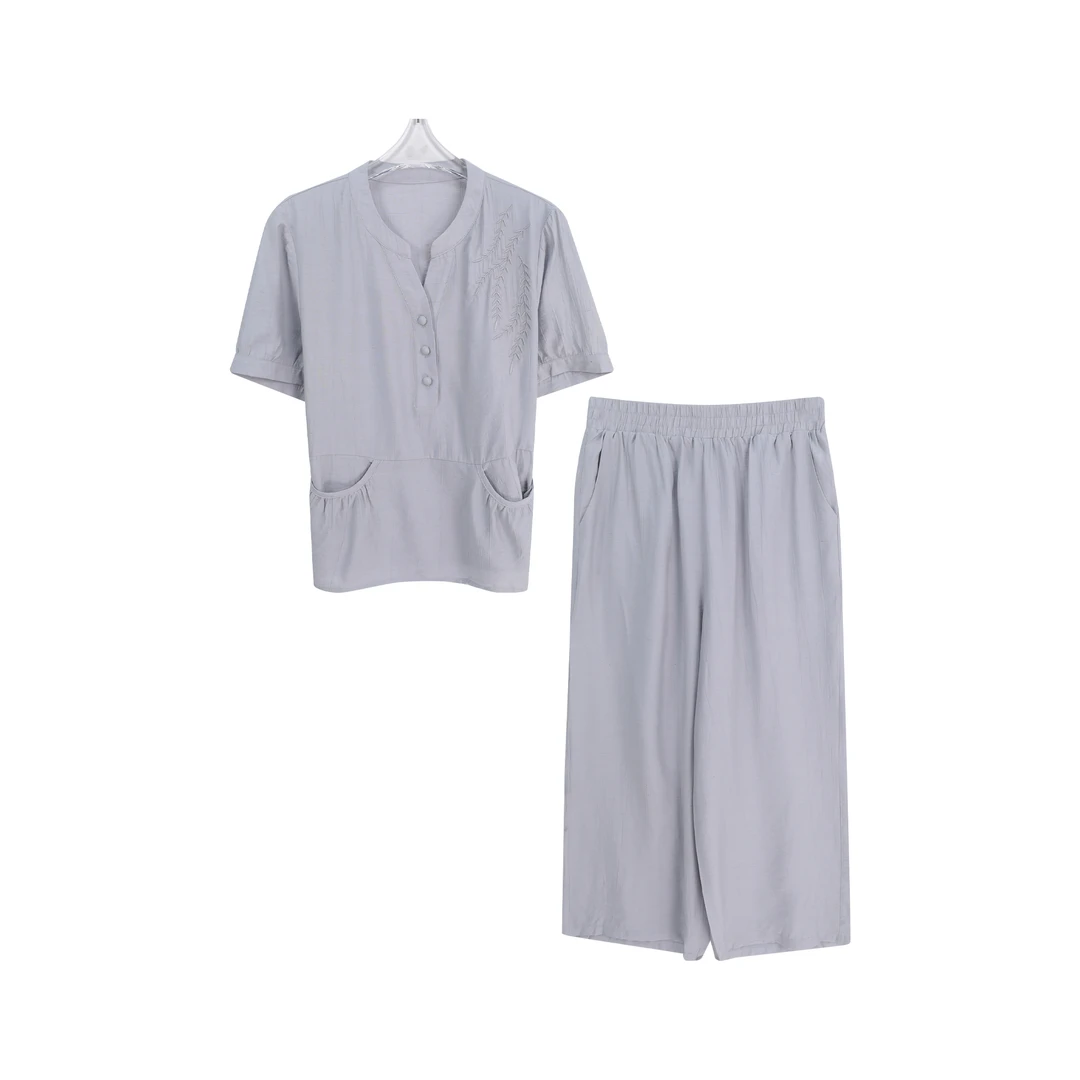 阔腿裤休闲套装女夏季新款刺绣上衣减龄显瘦两件套A14198