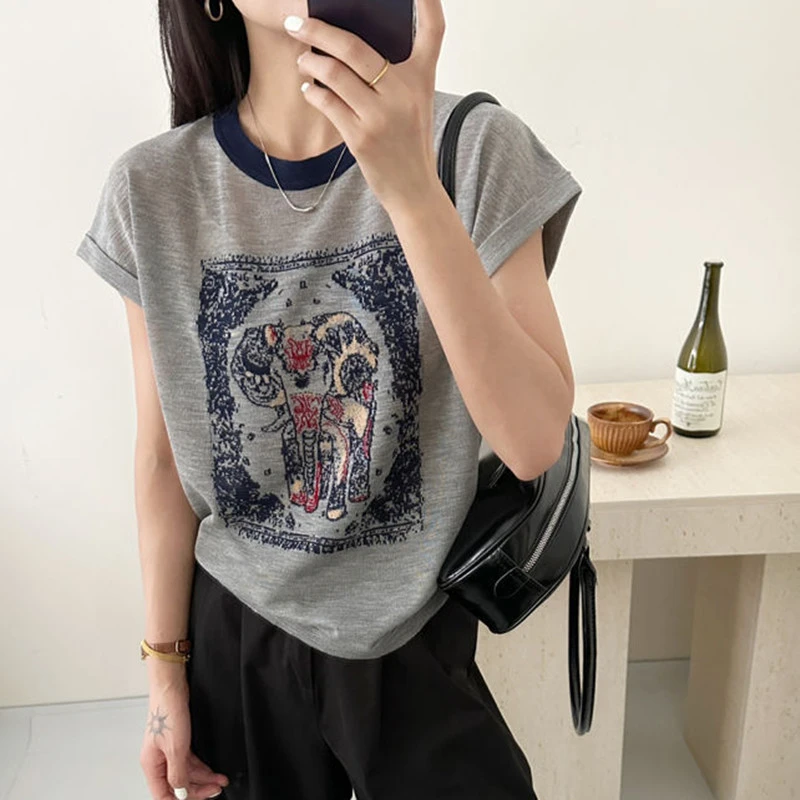 大象提花圆领飞飞袖针织衫女薄款夏季新款时尚洋气宽松打底衫上衣