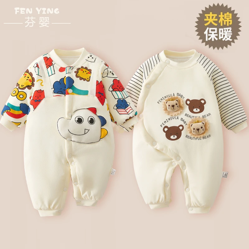 新生婴儿衣服秋冬季纯棉加棉男女宝宝连体衣保暖薄棉哈衣外出服冬